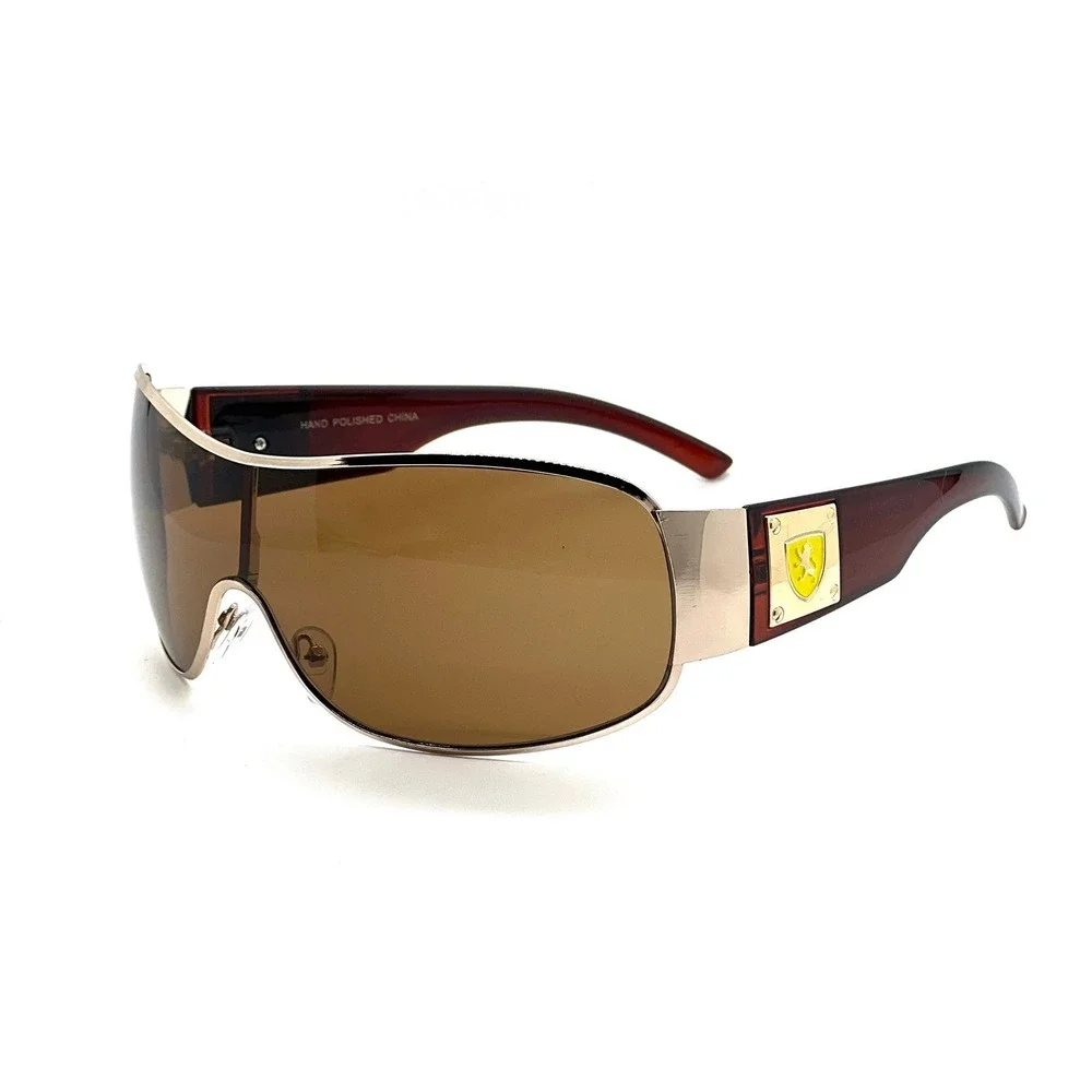 Block Curved One Piece Shield Sunglasses‎ Men's Flat Top Gold Frame Brown Lens